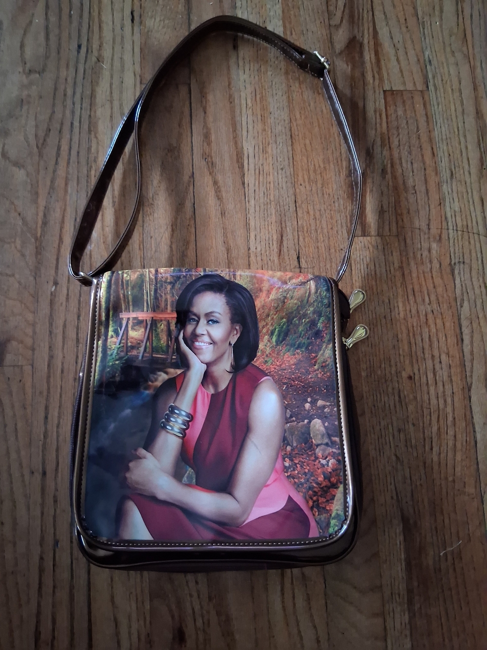 Brown Crossbody Shoulder Bag with White House Photo Of First Lady Michelle Obama